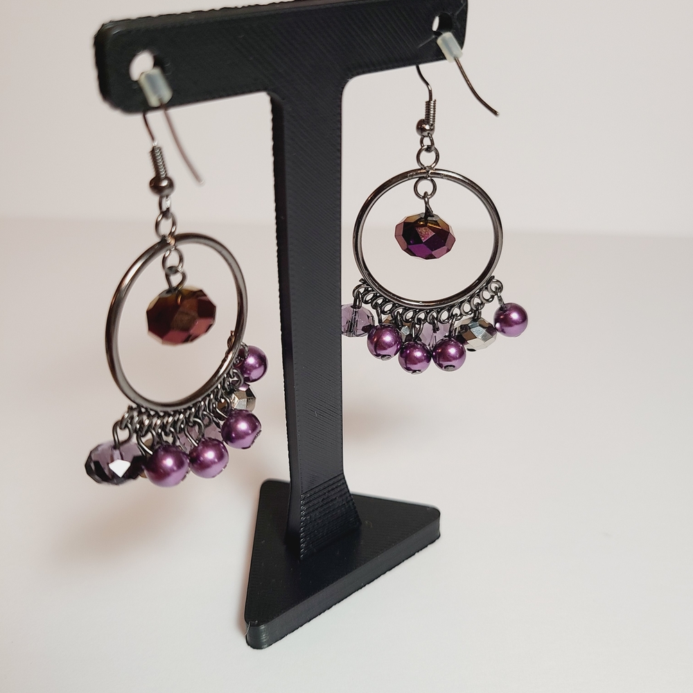 Purple & Gunmetal Beaded Hoop Dangle Earrings – Statement Boho Glam - Picture 3 of 4